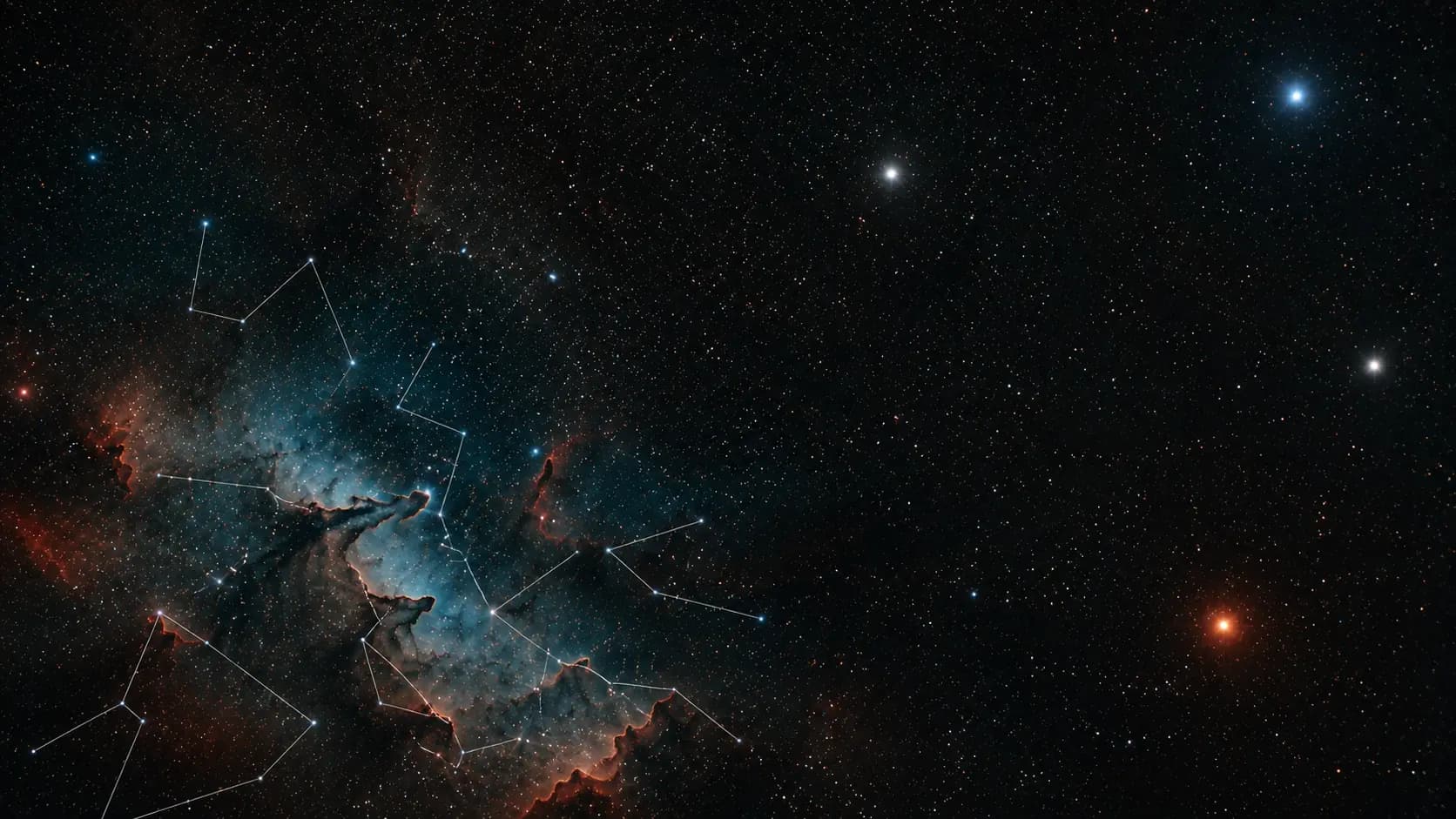 A starfield with unfinished constellation lines, the brightest stars left outside every figure