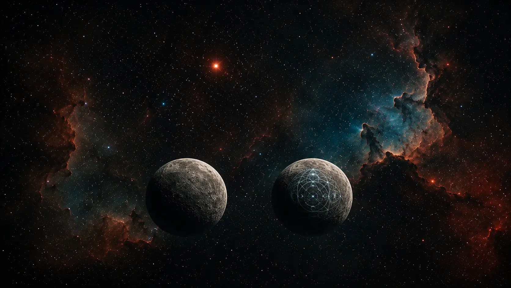 Two identical moons in deep space, only one of them carrying an engraved marking, an image of the labelling duty