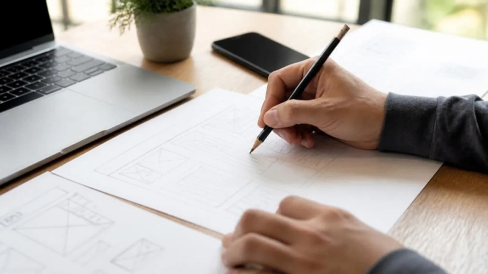 Website layout sketches on paper next to a laptop