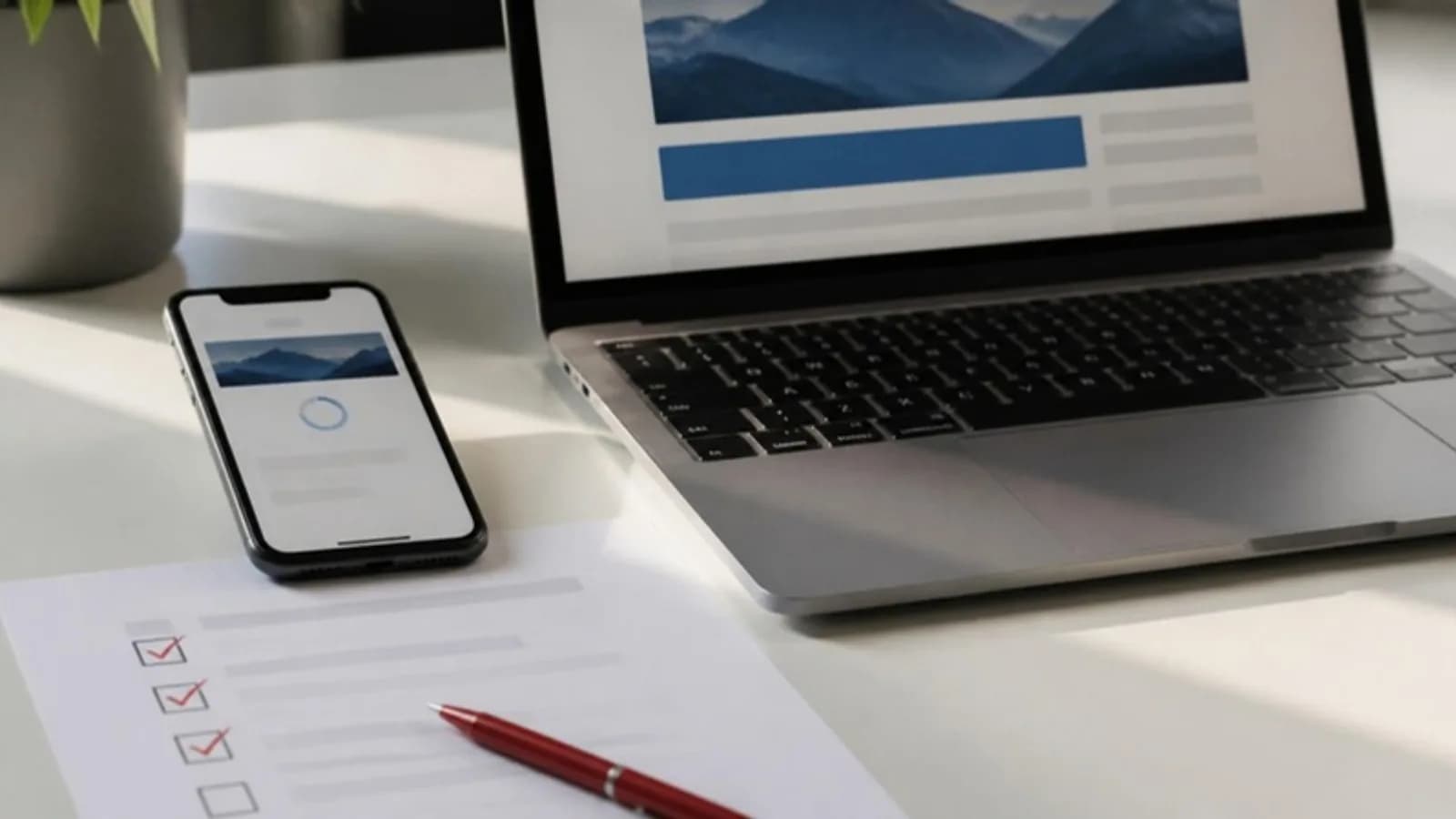 Strona na telefonie i laptopie obok listy kontrolnej audytu